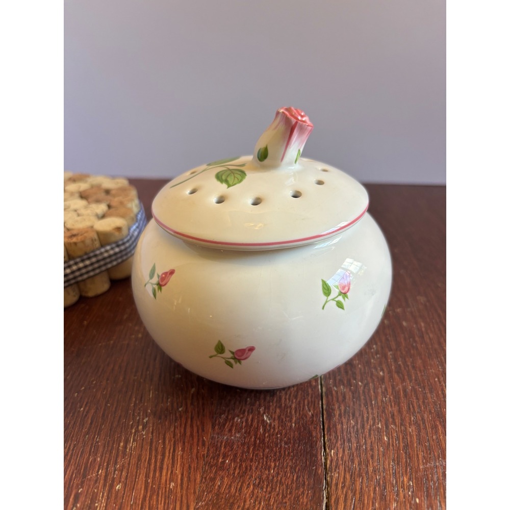 Teleflora Ceramic Potpourri Jar Pink Rosebud Vented Lid Cottagecore Decor